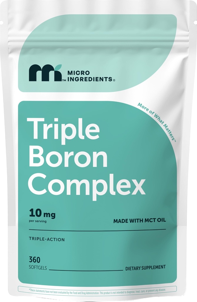 Micro Ingredients Triple Boron Complex 10mg Per Serving, 360 Softgels with MCT Oil | Boron Supplement for Men & Women | Boron Glycinate, Citrate & Aspartate Triple Action Formula | Non-GMO Gluten Free