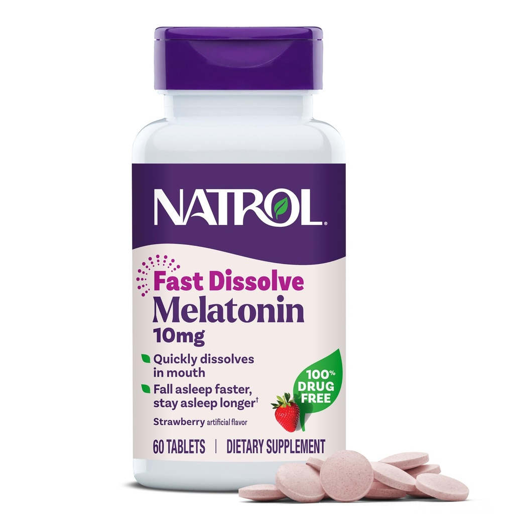 Natrol Melatonin 10mg Fast Dissolve Tabletten - Erdbeer Flavor, 60 Zähler, Schlafunterstützung, Fast Dissolve Melatonin für Erwachsene, 60-Tage Versorgung