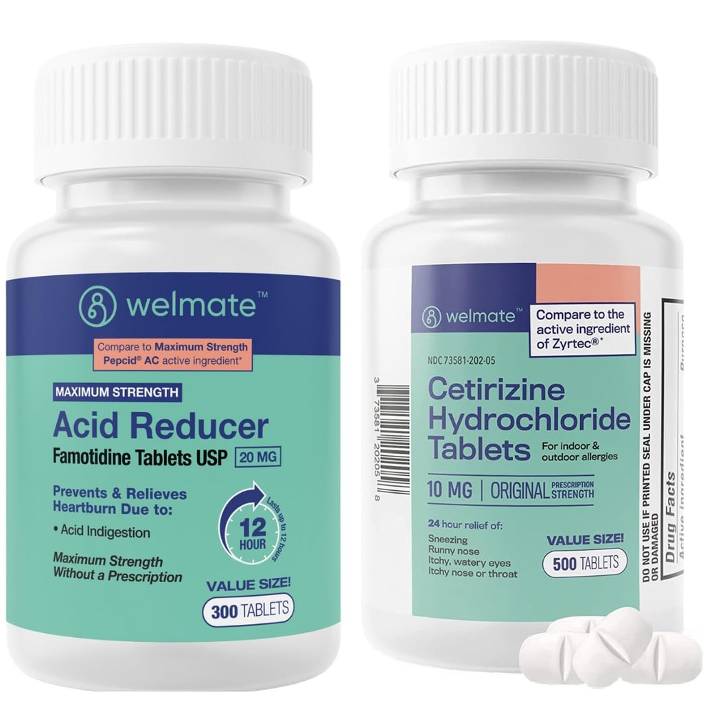 WELMATE Ensemble de soulagement de l'allergie et de l'estomac de Cétirizine 10mg + Famotidine 20mg