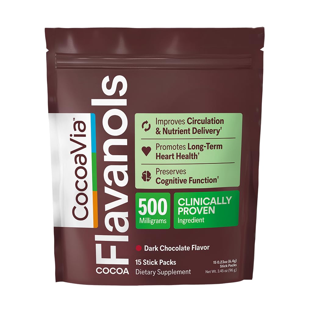 CocoaVia Cocoa Flavanols 500mg, Poudre de cacao à haute teneur en flavanol, Soutien à la santé du coeur et du cerveau, Boosts Oxyde nitrique, Circulation, Pré-entraînement, Amies des voyages, Vegan, Chocolat noir, 15 bâtons de service unique