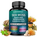 Sea Moss Advanced - Sea Moss 3000mg Huile de Graine Noire 2000mg Ashwagandha 1000MG Bladderwrack 1000mg Burdock 1000mg & Vitamine C Vitamine D3 Pour Suppléments Cheveux de la peau
