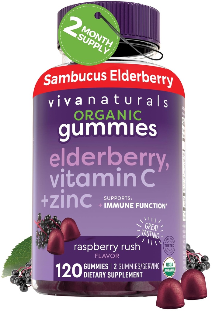 Viva Naturals Bio Sambucus Elderberry Gummis für Erwachsene (120 Count) - 3in1 Schwarze Elderberry Vitamin C und Zink Immune Support Gummis, Kaubare Elderberry Ergänzungen, Zink Immunität Gummis