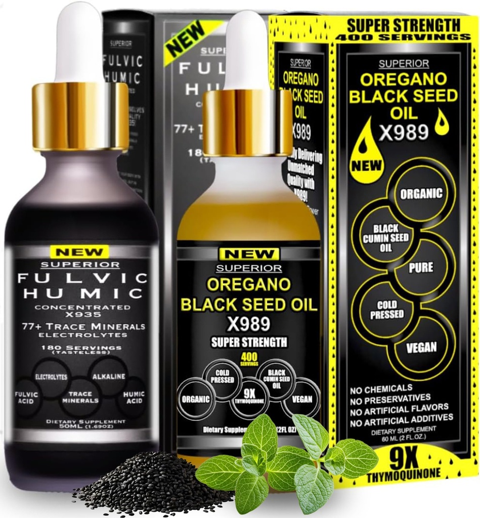 Fulvic Humic Mineral Blend – 580 Servings | Bundle X935 Humic and Fulvic Acid Supplement + X989 Oil of Oregano with Black Seed Oil | Fulvic Acid Organic, Fulvic Minerals | Gut & Energy Support
