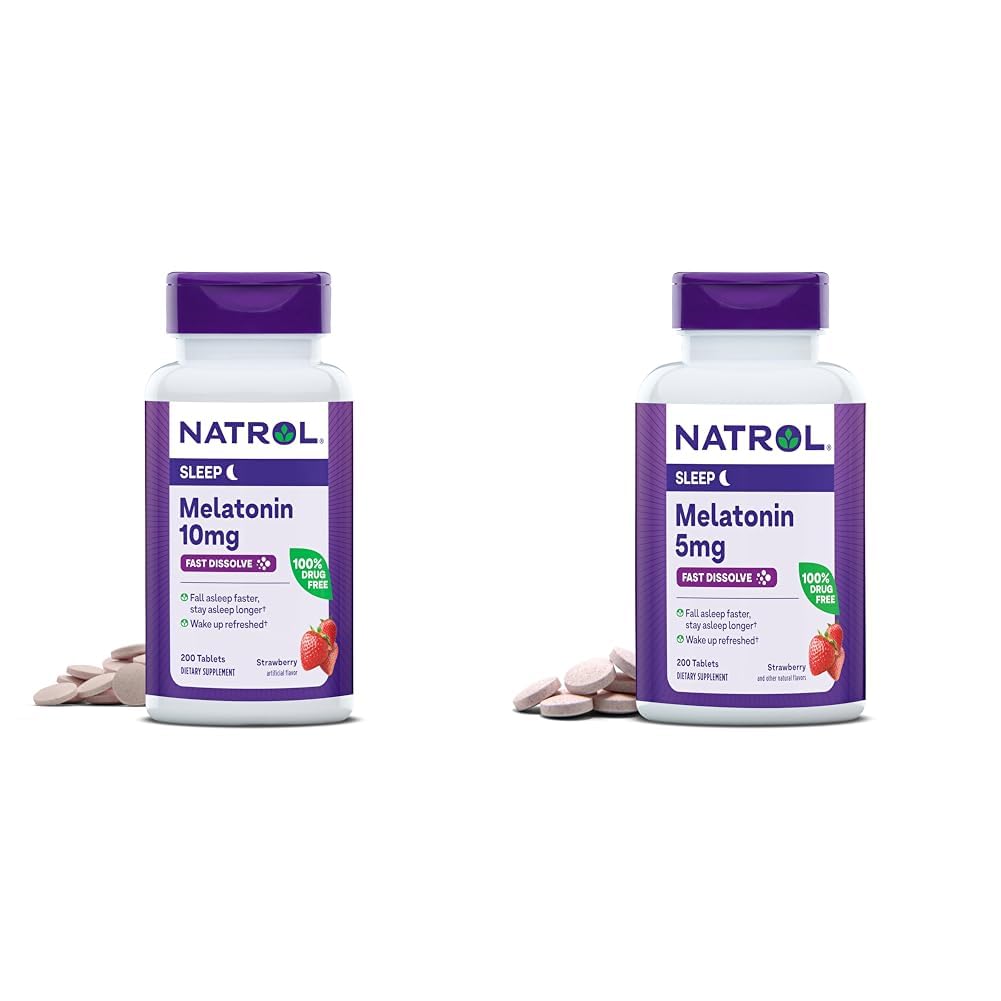 Natrol Melatonin 10mg 200 Comprimés et 5mg 200 Comprimés Fraise-arôme rapide Dissolve Soutien au sommeil Dietary Supplément Bundle