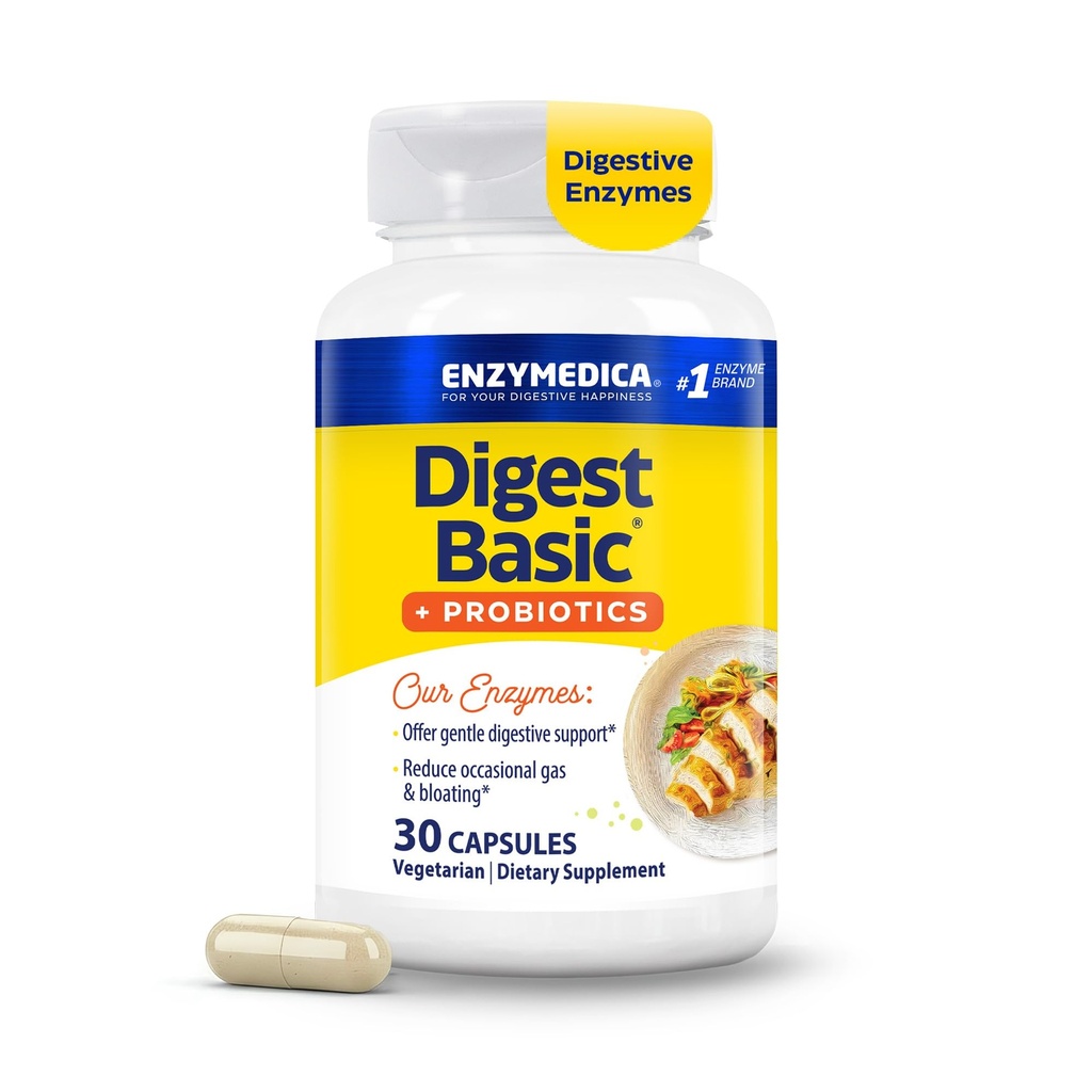 Enzymedica, Digest Basic + Probiotiques, Enzymes digestifs doux avec 400 millions de cultures actives UFC par gélule, 30 capsules