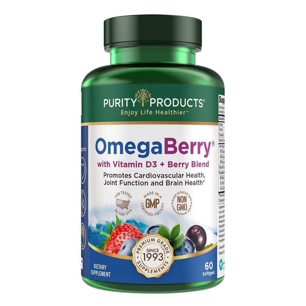 Produits de pureté OmegaBerry Huile de poisson avec vitamine D3 et d'açai biologique - 1250mg Distillé moléculairement Distillé Ultra Pure Omega-3 Huile de poisson, 500mg DHA + 650mg EPA - 60 gels doux - 30 jours d'approvisionnement de