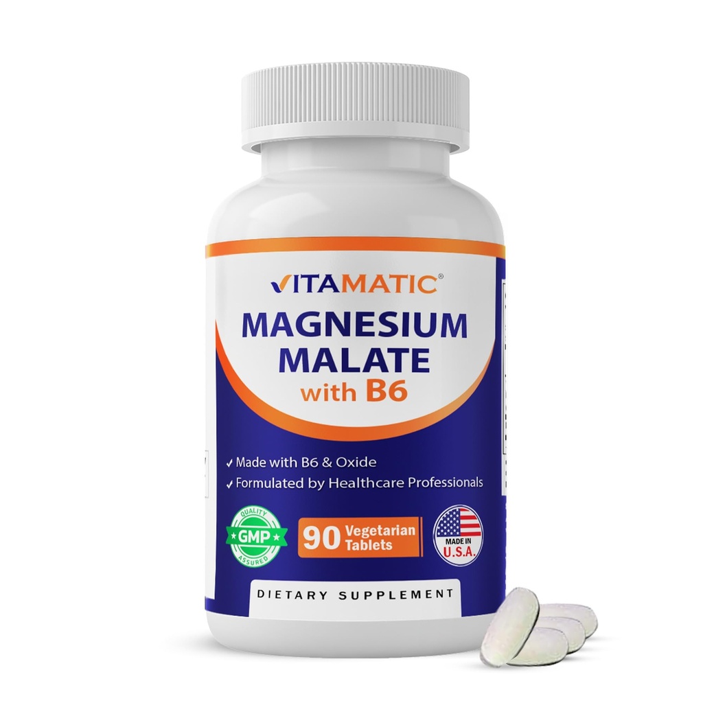 Vitamatic Magnesium Malate 2000mg per Serving - 90 Vegetarian Tablets - Added B6 for Maximum Absorption - Supports Muscle, Joint, and Heart Health* (1 Bottle, Unflavored)