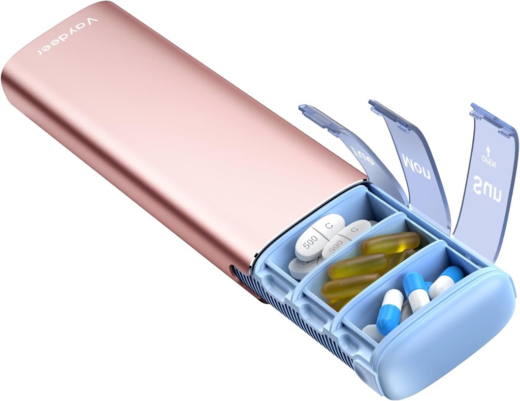 Vaydeer Metall Reise Pille Organizer, 7 Tage Wöchentliche Pille Box, große Kapazität täglich niedliche Pille Fall für Nahrungsergänzungsmittel, Pillen, Vitamine und Medikamente (klein, Rose Gold)
