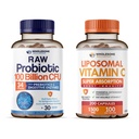 Ganzer Wellness Bio Probiotics 100 Billion CFU, Dr Formuliert für Frauen und Männer + Liposomale Vitamin C Kapseln (200 Pillen 1500mg Gepuffert) Hohe Absorption VIT C Bundle