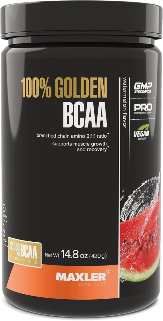 Maxler 100% Golden BCAA Powder - Intra & Post Workout Erholungsgetränk für beschleunigte Muskelrückgewinnung & Lean Muskelwachstum - 6 g Vegan BCAAs Aminosäuren - 60 Portionen - Wassermelone