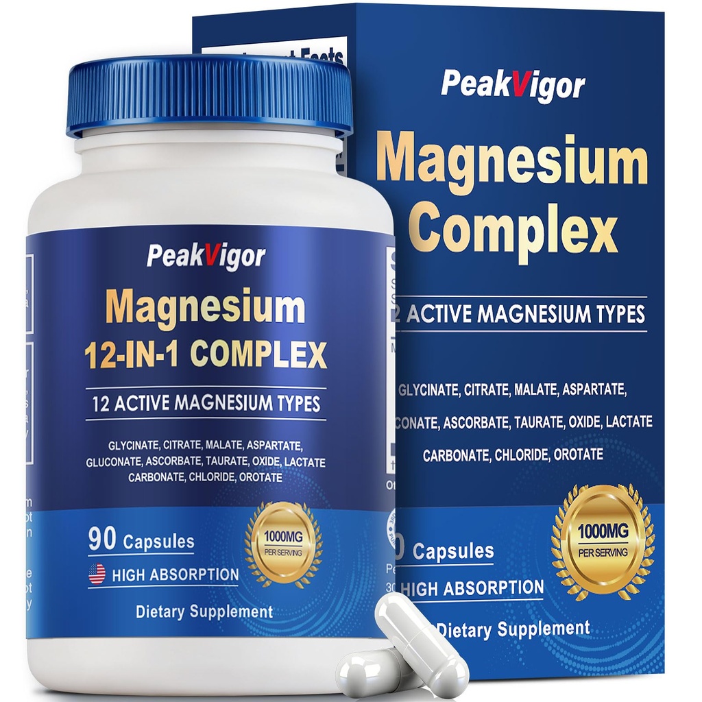12 in 1 Magnesium Complex, Magnesium Supplement 1000mg with Glycinate, Citrate, Malate, L-Threonate,Taurate, Sleep Support, Third-Party Tested, Vegan & Easy to Swallow，90 Days Supply