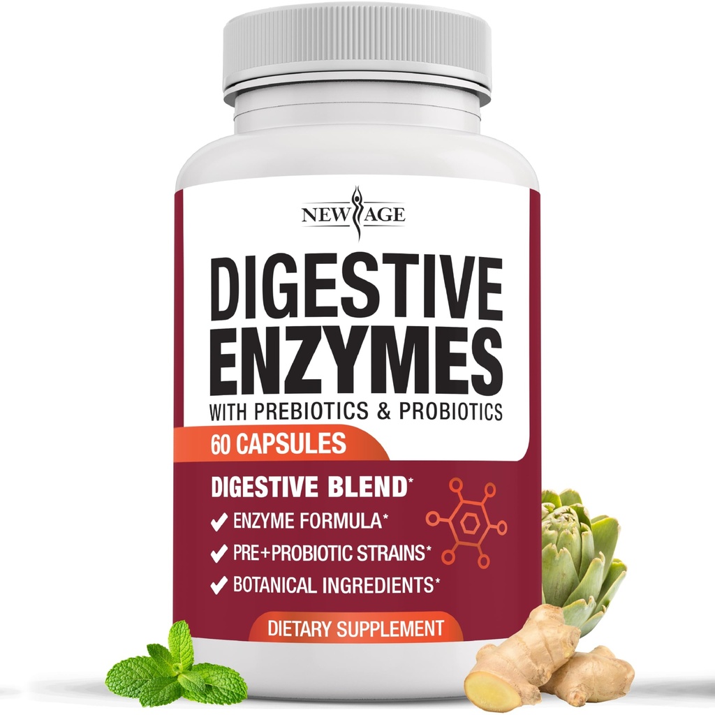 NEU AGE Verdauungsenzyme für Gutgesundheit - Probiotische Multienzyme mit Präbiotika und Probiotika mit Lipase für Frauen und Männer für Verdauungsgesundheit, Tägliche Enzyme für Verdauung - 60 Zähler