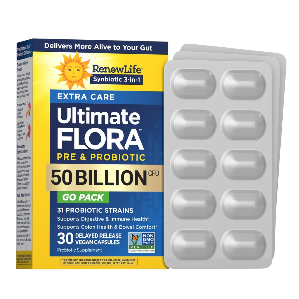Renouveler Life Extra Care Go-Pack Capsules Probiotiques, Supplément quotidien soutient la santé immunitaire, digestif et respiratoire, L. Rhamnosus GG, Laiterie, Soy et sans gluten, 50 Million CFU, 30 Ct