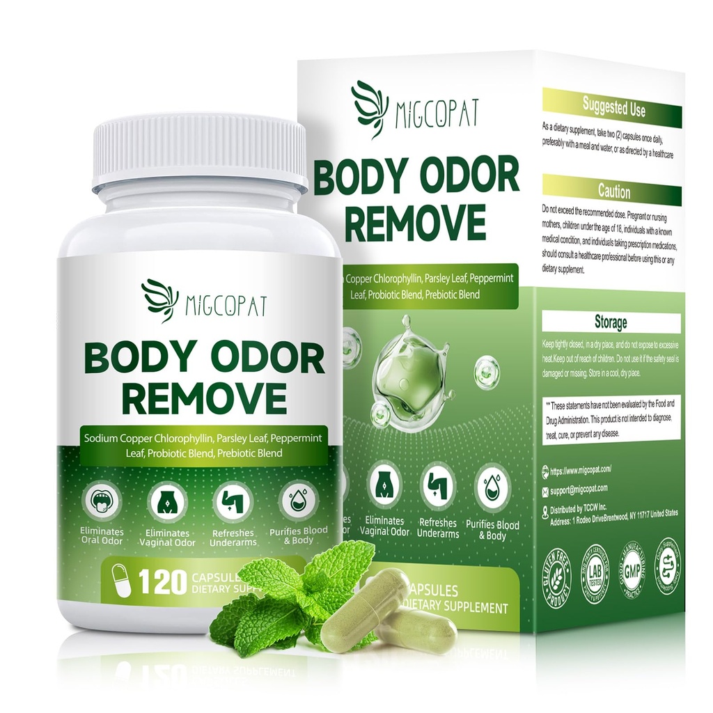 Chlorophyll Body Deodorizing Supplement with 10 Billion CFU Probiotic, Vitamin C & E, Parsley, Peppermint, Green Tea, Prebiotics, Chlorophyll Capsules Supports Breath & Whole-Body Freshness, 120 Caps