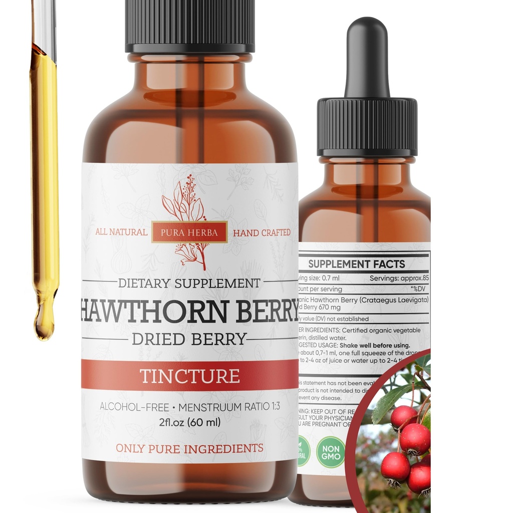 Pura Herba Hawthorn Berry Liquid Extract | Alcohol-Free, Vegan, Non-GMO, Gluten-Free | 2 oz Liquid Herbal Organic Tincture