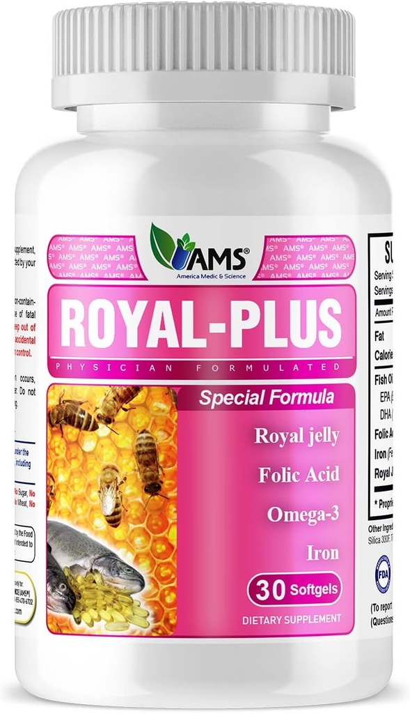 Amerika Medic & Science Royal-Plus (30 softgels) | Royal Jelly Prenatal Vitamine für Frauen | Eisenergänzungen mit Fischöl Omega-3 Fettsäuren und Folsäure | Vital Nährstoffe für Schwangerschaft