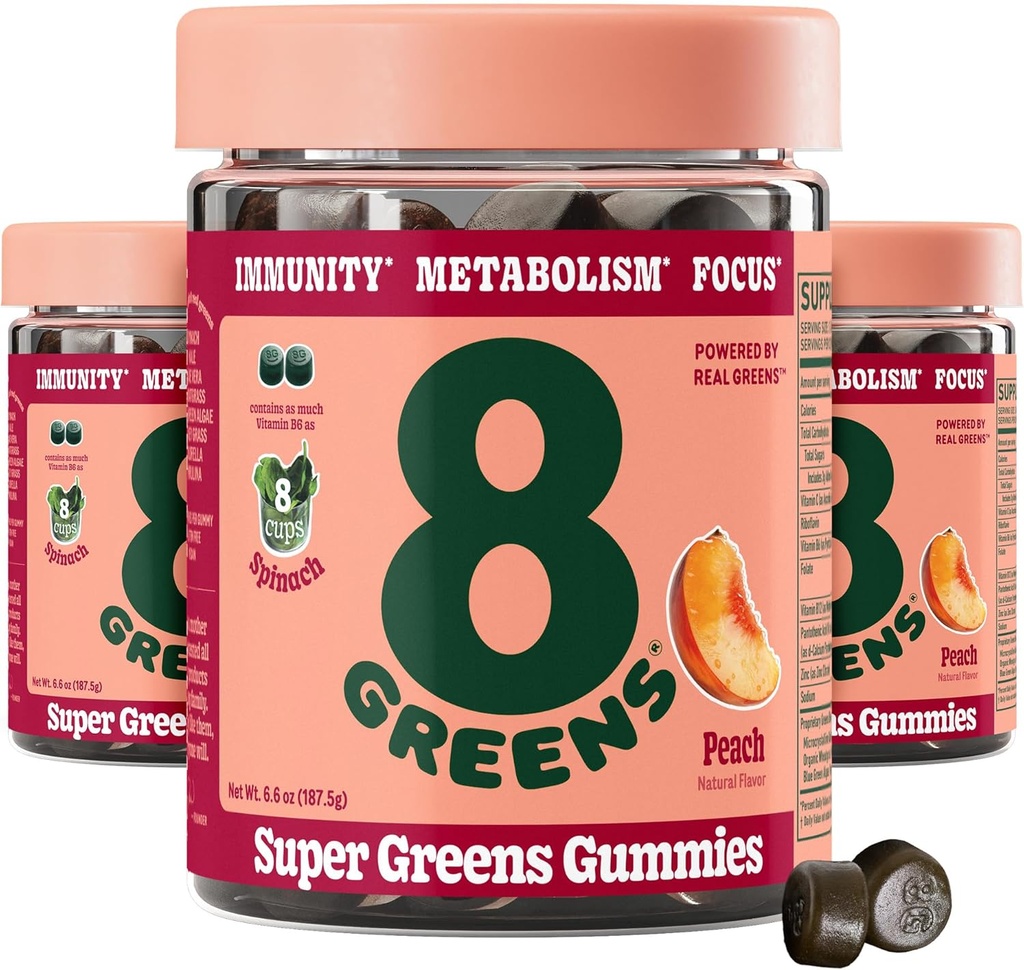 8Greens Supergreens Gummies Super Greens Poudre Superfood Gummy pour le métabolisme, l'immunité et le focus, enzymes de santé digestive, biologique: Chlorella, Spiruline, Aloe Vera, Peach Flavor, 150 Comte