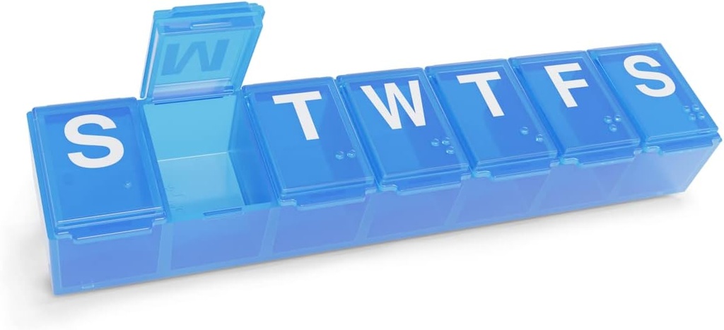 EZY DOSE Weekly (7 jours) Organisateur de pilules, planificateur de médicaments, boîte d'organisateur de vitamines, étui pour suppléments et huiles de poisson, pratique et facile à utiliser Compartiments moyens, voyage amical, bleu, sans BPA
