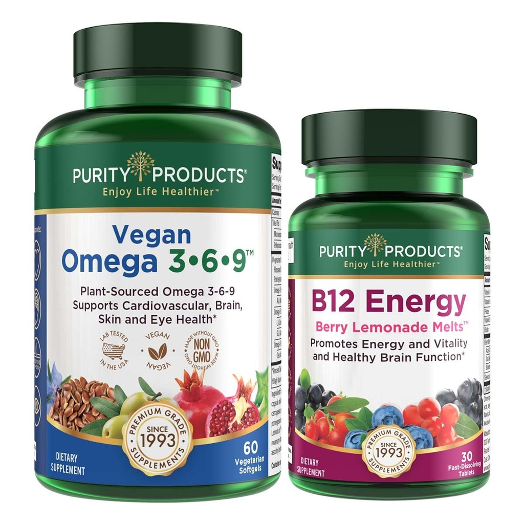Ensemble de produits de pureté - Omega végétalien 3-6-9 + B-12 Melt d'énergie Omega 3-6-9 (=5 en 1) Omega à base végétale 3 6 9 Complexe acide gras essentiel) - B12 Melt de baies (méthylcobalamine B12 + B6 + D3 + Plus)