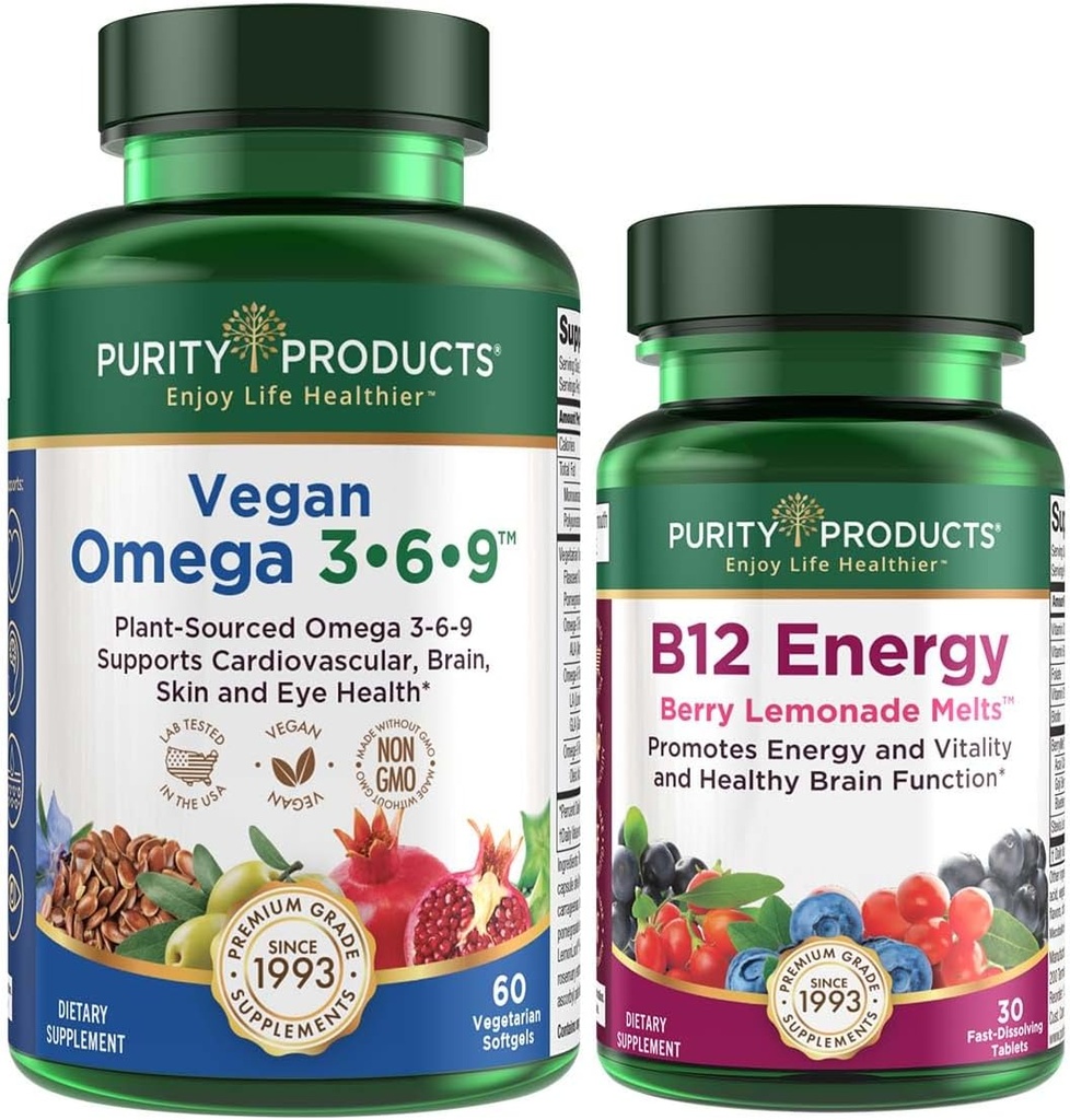 Reinheitsprodukte Bundle - Vegan Omega 3-6-9 + B-12 Energy Melt Omega 3-6-9 (“5 in 1” pflanzenbasierte Omega 3 6 9 Essential Fatty Acid Complex) - B12 Berry Melt (Methylcobalamin B12 + B6 + D3 + mehr)