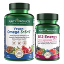 Ensemble de produits de pureté - Omega végétalien 3-6-9 + B-12 Melt d'énergie Omega 3-6-9 (=5 en 1) Omega à base végétale 3 6 9 Complexe acide gras essentiel) - B12 Melt de baies (méthylcobalamine B12 + B6 + D3 + Plus)