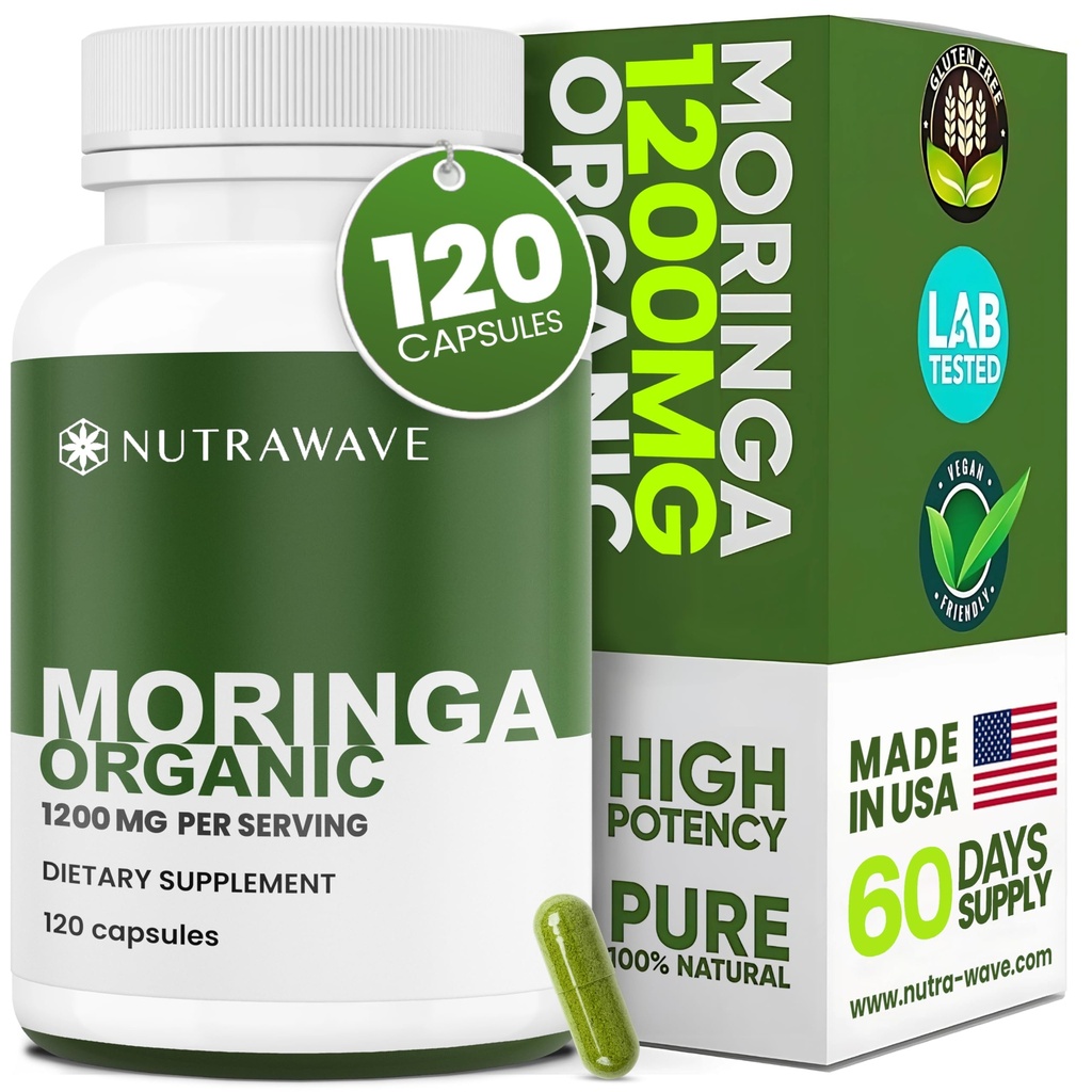 Nutra Wave Organic Moringa Capsules 1200mg – Pure Moringa Oleifera Leaf Supplement Energy, Immune & Lactation Support –Antioxidants & Amino Acids for Women & Men, Non-GMO, Vegan – 120 Capsules