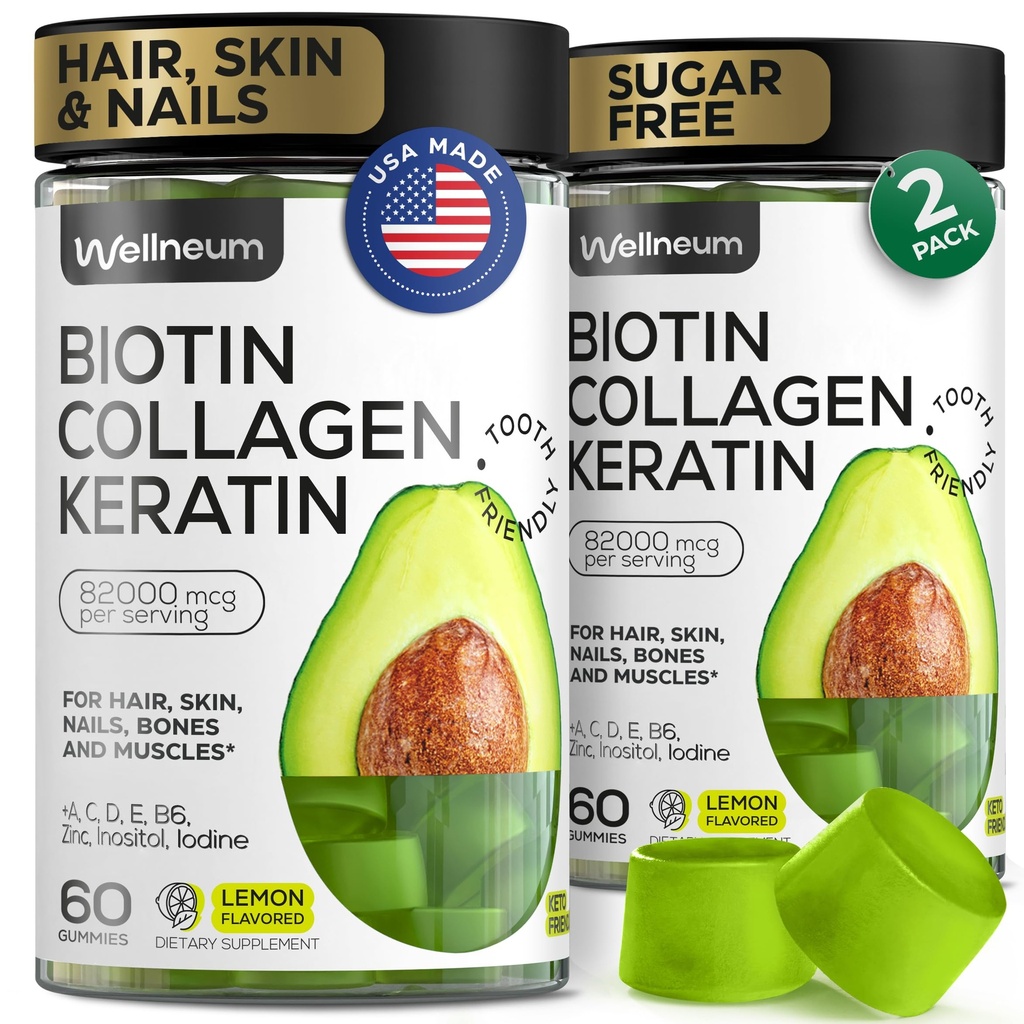 Biotine et collagène Peptide Gommies pour la croissance des cheveux, la peau et les ongles 120 Pcs (2 Pack) - 82000 Mgg - Biotine Chewables avec Keratin Max Strength - Gommies beauté pour les femmes et les hommes - sans sucre, non-OGM