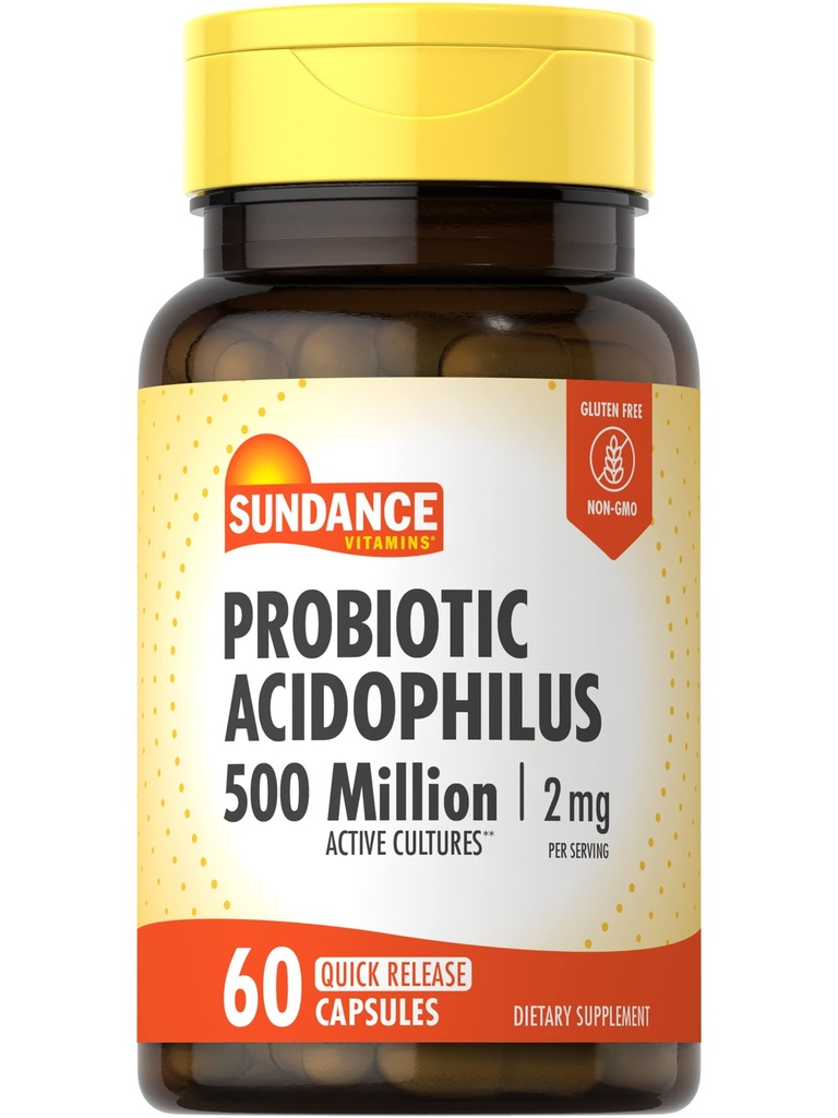 Sundance Probiotique Acidophilus: 500 millions de cultures actives: 60 capsules à libération rapide: non-OGM, supplément sans gluten