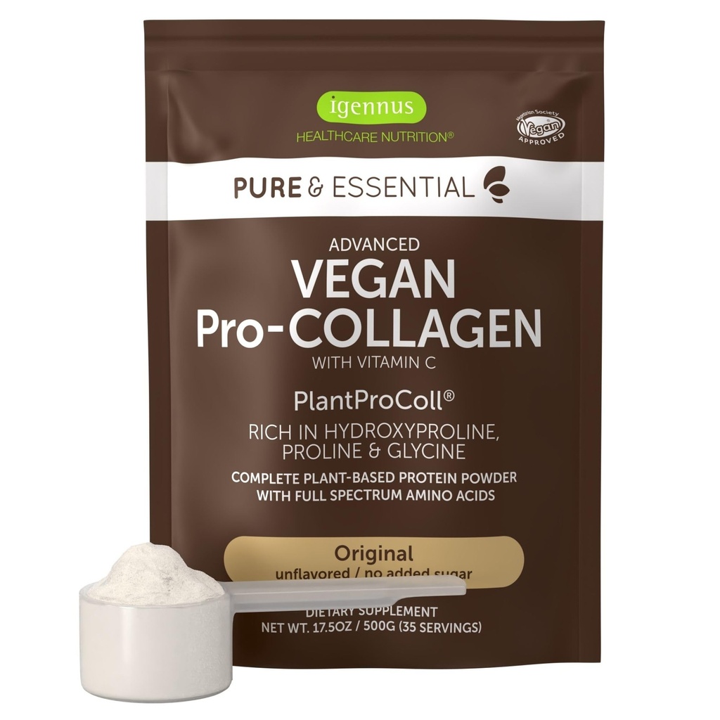 Igennus Vegan Collagen Peptide Powder, Enhanced with Glycine, Proline & Hydroxyproline & Cofactor Vitamin C, Non GMO, Complete Vegetarian Plant Based Collagen Powder Booster, 35 Servings