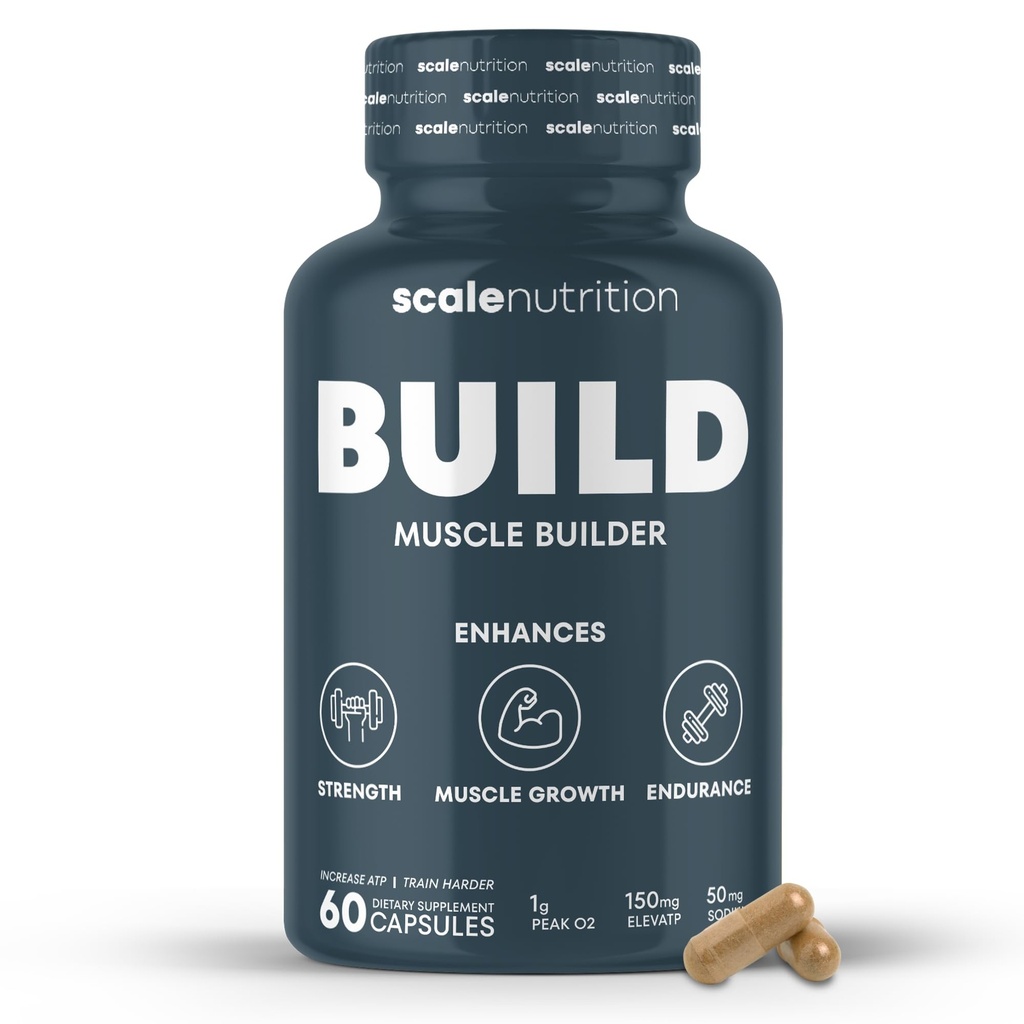 Build - Muscle Builder Supplement for Muscle Growth, Strength, Weight Gain, Endurance & Performance Enhancment for Men & Women - Trademarked Ingredients Peak02 & ElevATP | 60 Capsules - 30 Day Supply