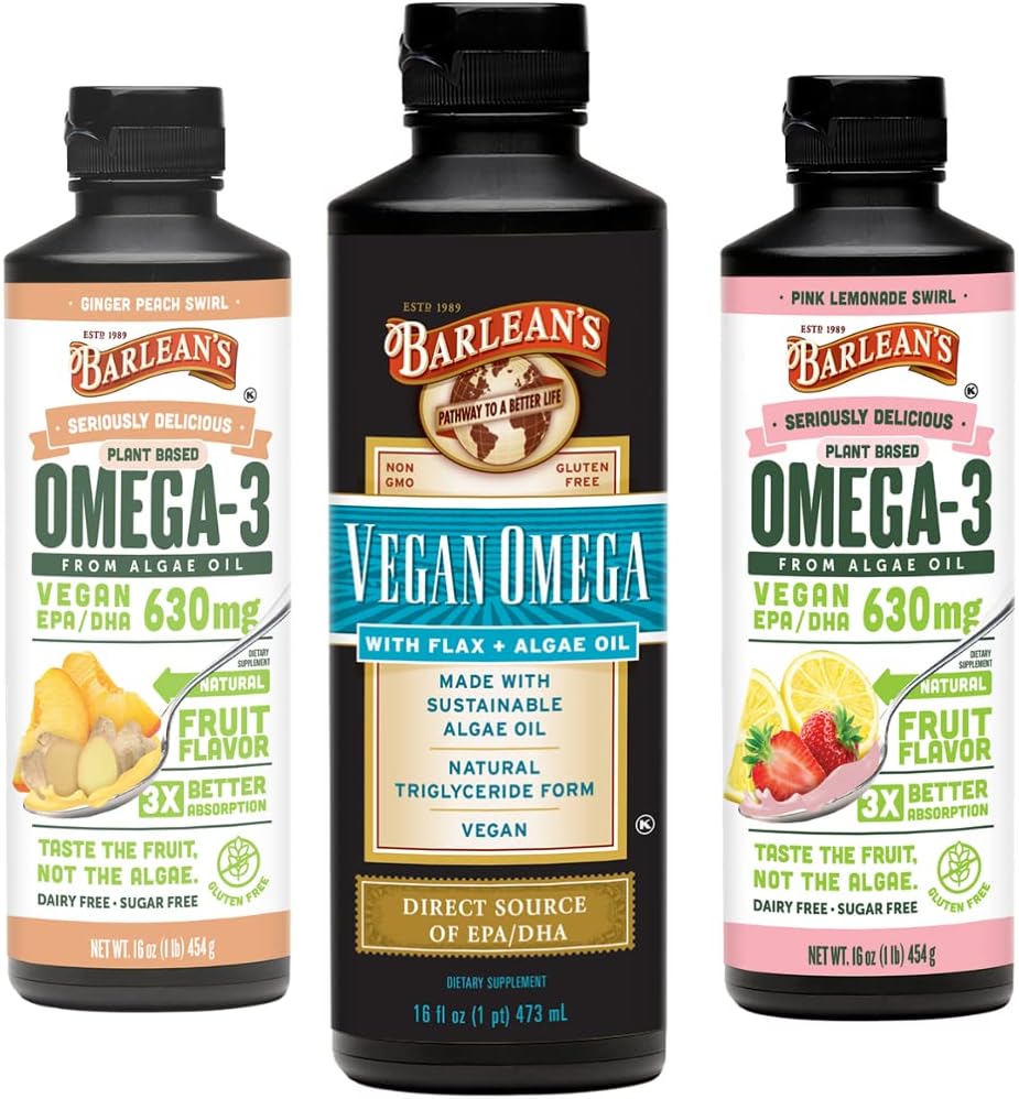 Barlean's Vegan Omega 3 supplément à l'huile d'algue liquide, comprend mélange d'huile de lin et d'algue, pêche au gingembre, et arômes de citronade rose, EPA et acides gras DHA