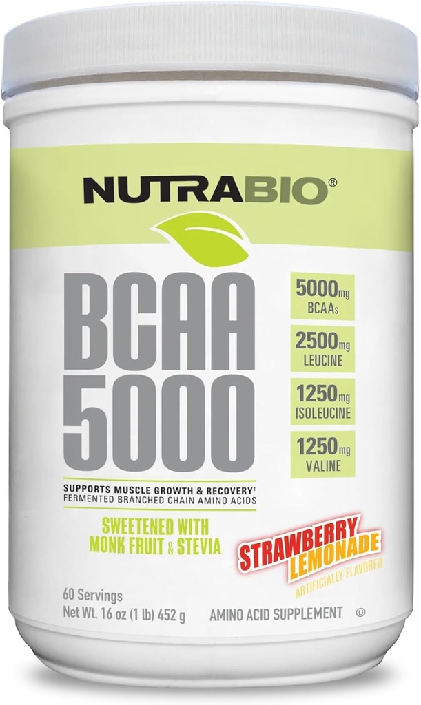 NutraBio BCAA 5000 Poudre - Acides aminés à chaîne ramifiée fermentée pour la croissance et la récupération musculaires - Saveurs naturelles, édulcorants et colorants, végétaliens, sans gluten - Cimonade de fraise, 60 portions