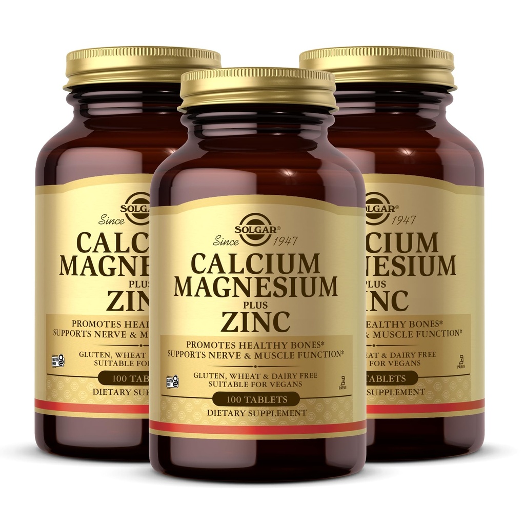 Solgar Calcium Magnésium Plus Zinc, 100 comprimés (paquet de 3) - Promotion des os et des dents sains - Soutienne la fonction nerveuse et musculaire - Non-OGM, végétalien, sans gluten, sans laiterie, sans casher - 100 portions totales