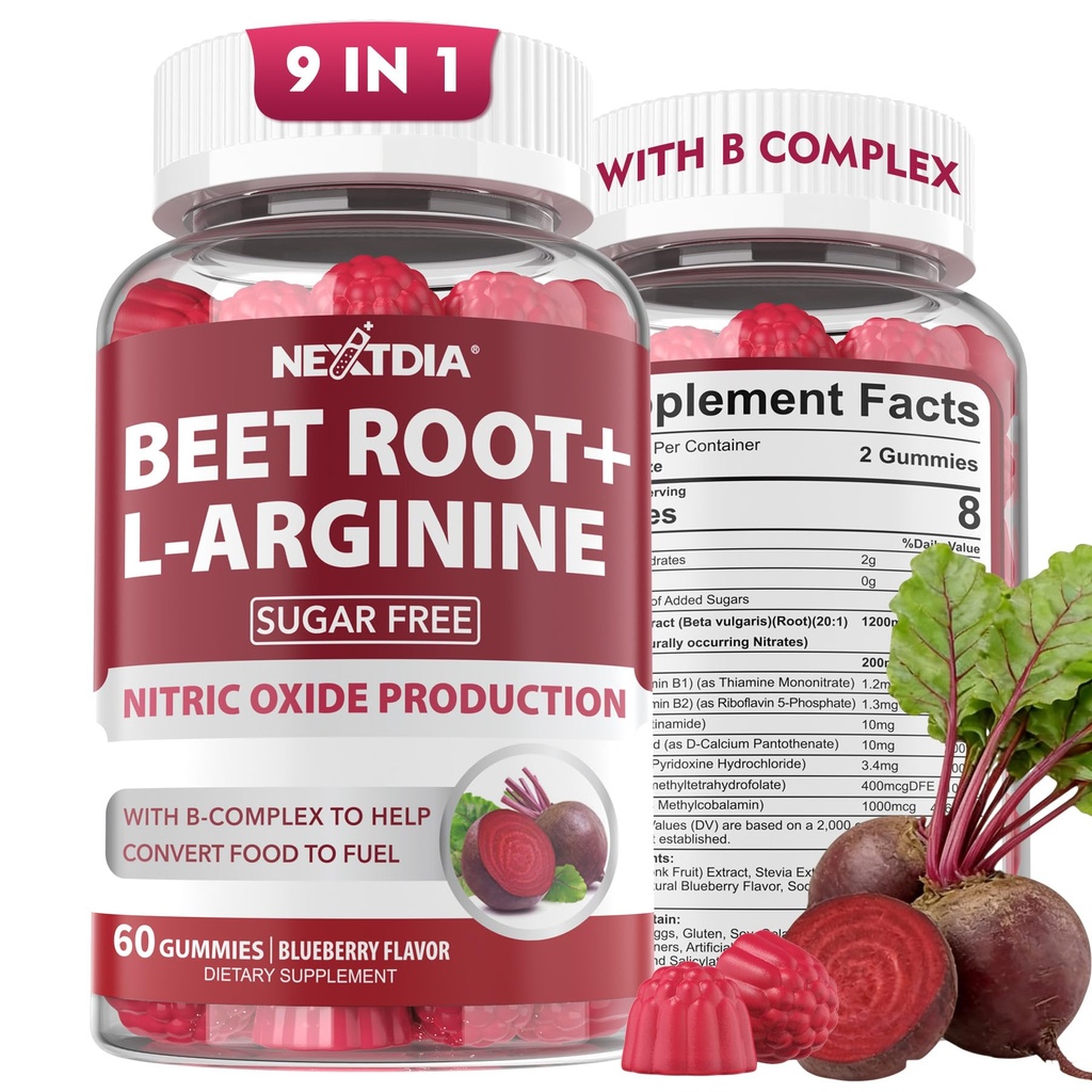 Gommies de racines de betteraves & L-Arginine, suppléments d'oxyde nitrique pour les hommes et les femmes avec des betteraves organiques, B1, B2, B3, B5, B6, Folate, B12 pour le boost énergétique et le support de circulation, sans sucre, 120 Cts