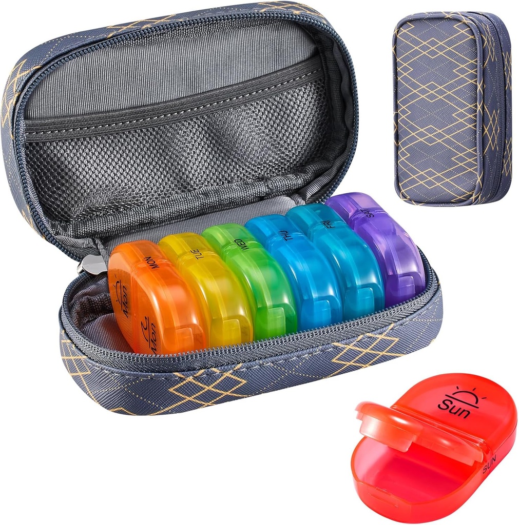 Serfeymi Weekly Travel Pill Organizer 2 mal ein Tag AM Upgrade Regenbogen Pille Box 7 Tag mit tragbaren Reißverschluss PU Leder Pille Fall, Medizin Organizer für Pillen, Vitamine, Fischöle - Linien 01