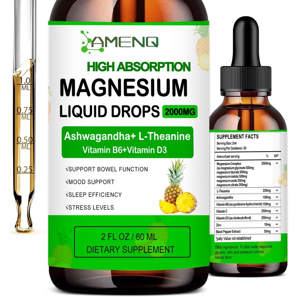 Supplément de magnésium liquide, gouttes organiques de complexe de magnésium 5-en-1, Glycinate, Taurat, Oxyde, Malate, Citrate w/L-Theanine, Ashwagandha pour Cortisol, Sommeil*, Stress, Muscle,