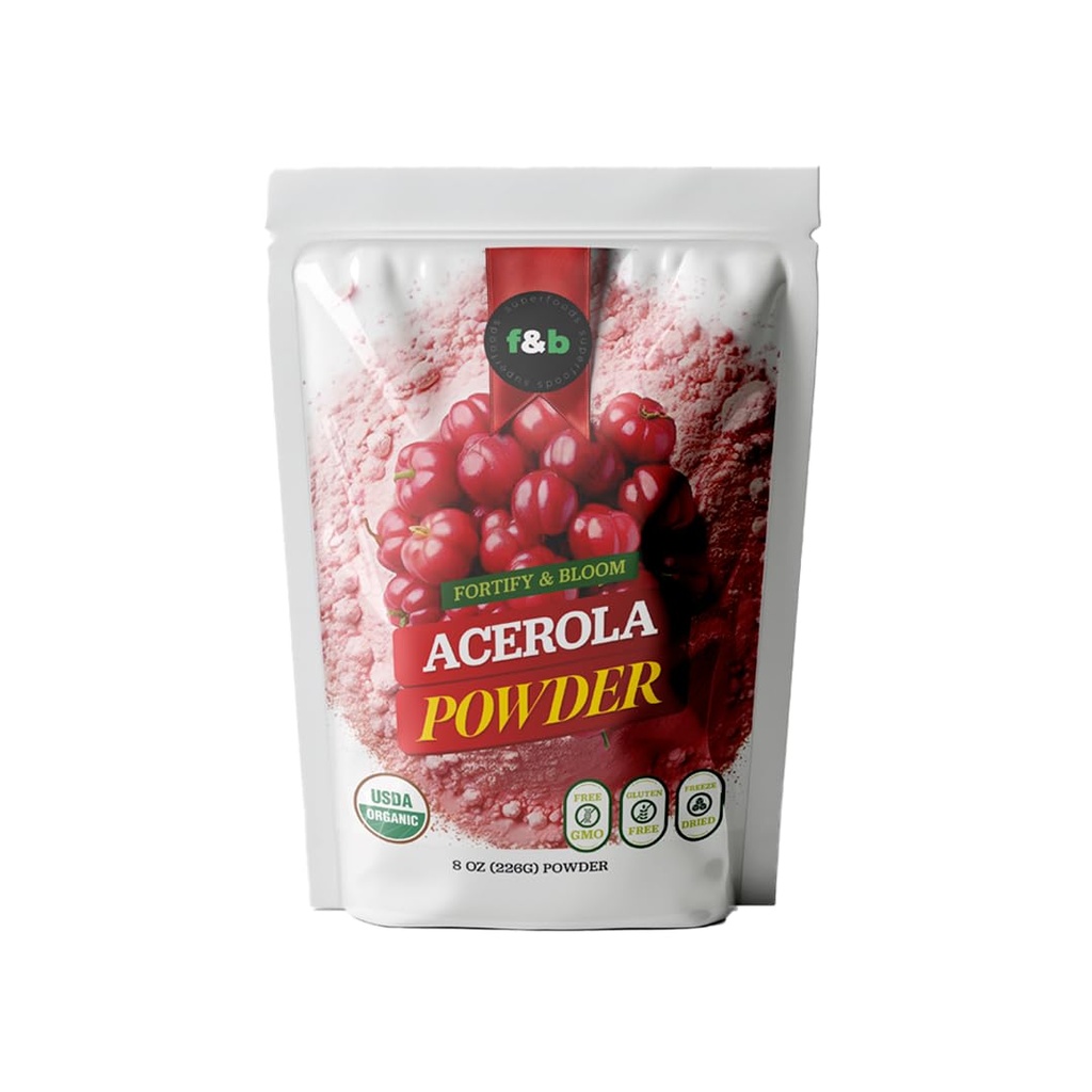 f&b superfoods Pure Organic Acerola Cerise en poudre séchée (8oz), poudre de vitamine C organique pour système immunitaire Booster, Smoothie, Jus de cerise, acerola Vitamine c Poudre en vrac, Brésil Origine.