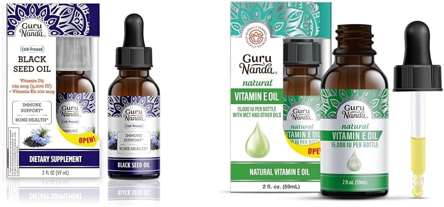 GuruNanda Black Seed Oil, Cold-Pressed Nigella Sativa - Reich an Vitamin D3 5000 Units, K2 & E & Vitamin E Oil (2 Fl Oz) - 100% Pure & Natural, 15.000 IU pro Flasche für Haut, Haar, Gesicht