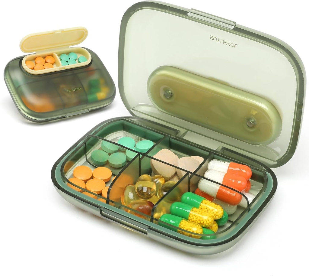 Toplive 6 Kompartimente kleine Pille Fall Reisen Pille Organizer Pocket Medication Reisekoffer Portable kleine Pille Container mit Magnet Light-Proof Mini Pill Box, Grün