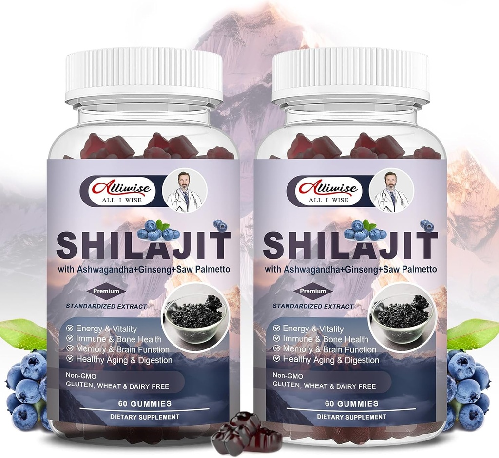 Shilajit Gummies für Männer und Frauen, Shilajit Pure Himalayan Original Multi-Supplement, Shilajit Ashwagandha & High in Trace Minerals & Fulvic Säure für Energie, Stärke & Immunität, 60 Servieren