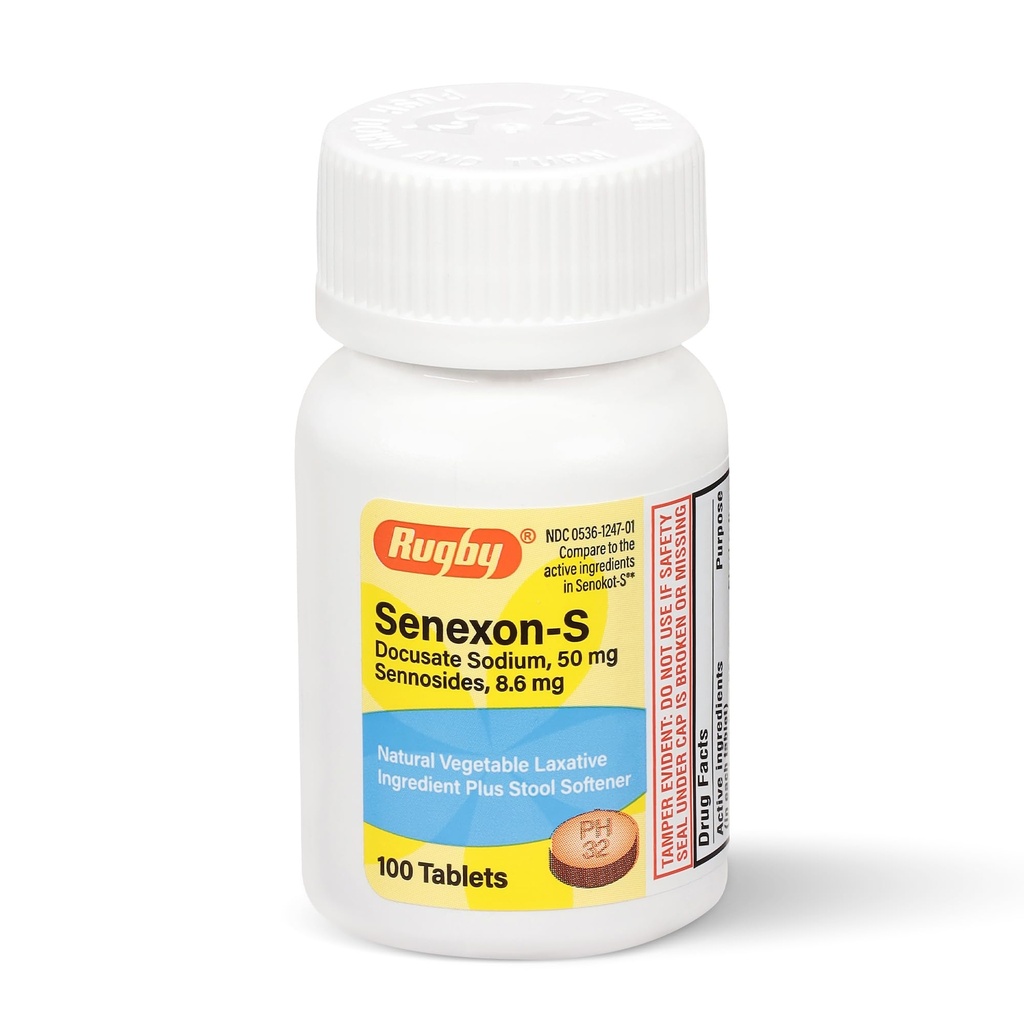 Rugby Senexon-S - Natural Vegetable Laxative Ingredient Plus Stool Softener, Constipation Relief - Docusate Sodium 50mg, Sennosides 8.6mg - 100 Tablets (1-Pack)