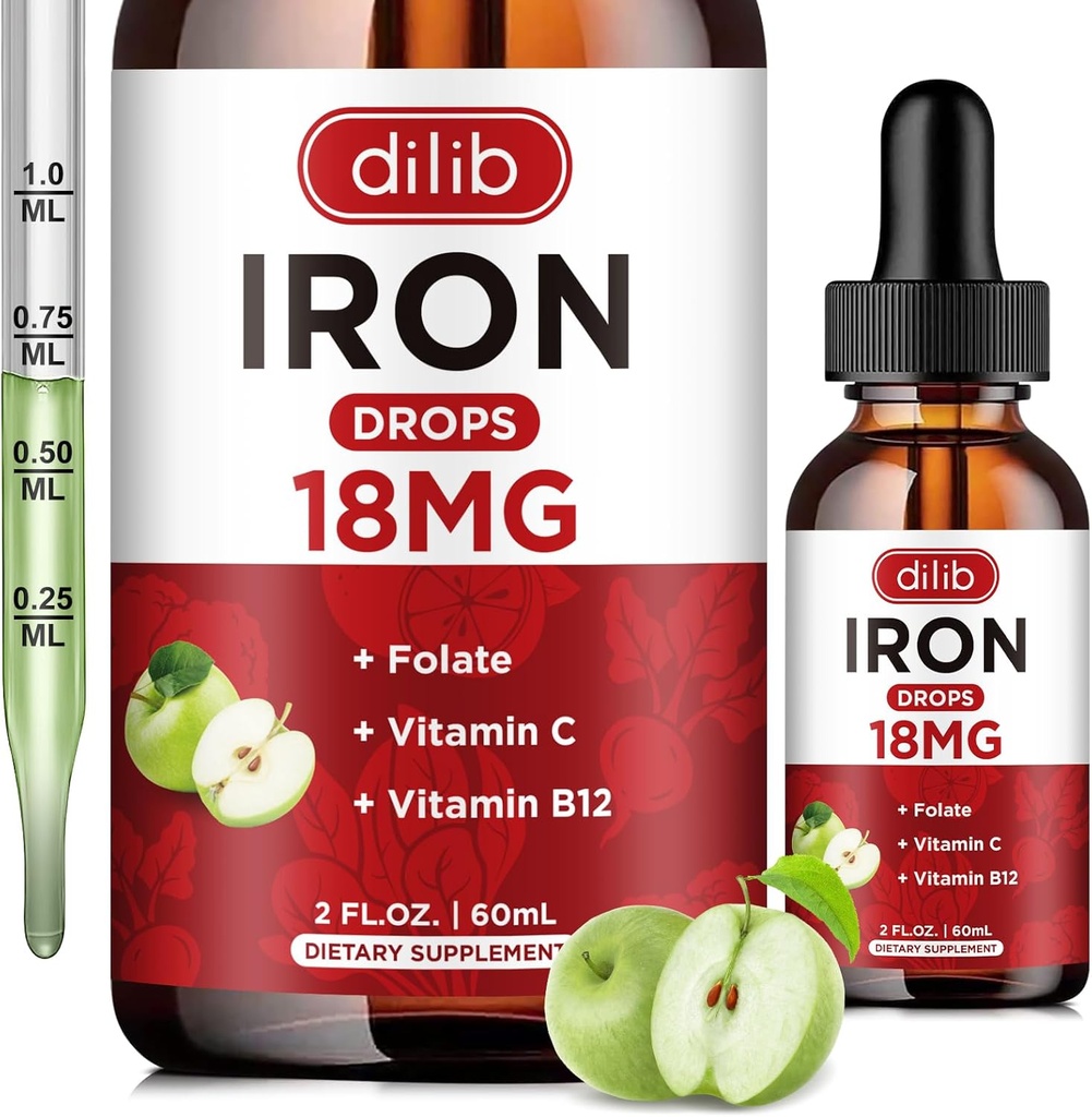 Supplément en fer liquide pour les femmes et les hommes Suppléments en fer pour l'anémie avec folate, vitamine C, B12 pour le soutien des globules rouges-arôme de pomme vert, 2 Fl Oz