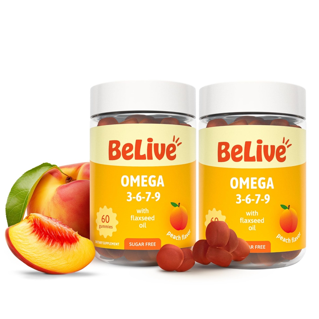 BeLive Organic Omega 3 Gummies - Omega 3 6 9 7 DHA & EPA de l'huile de lin et de l'huile de fruits d'épine de mer, végétalien, pour les enfants et les adultes, plein corps, soutien du cerveau et des yeux, sans sucre – Peach-Pack