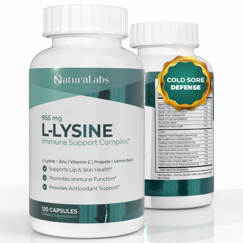 L-Lysine Cold Sore Immune Support Complex – with Vitamin C, Zinc, Bee Propolis, Lemon Balm & 9-in-1 Herbal Complex – Promotes Lip & Skin Health – Antioxidant Immune Formula – 120 Ct