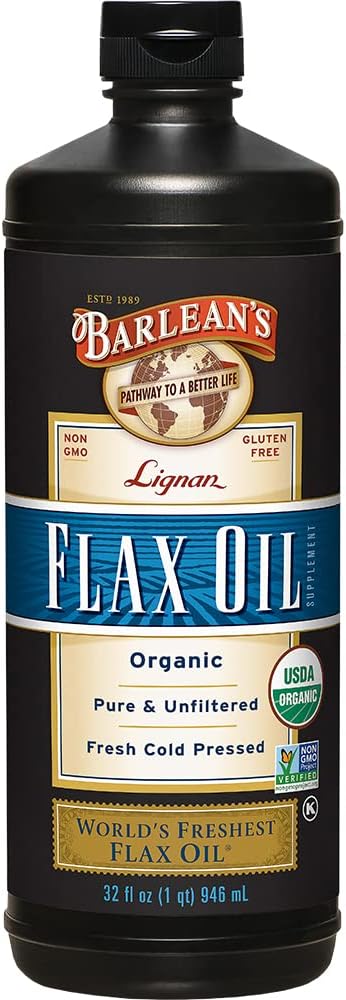 Barlean's Organic Lignan Omega 3 L'huile de lin supplément liquide pour les hommes et les femmes, graines de lin de presse froide, 7230mg ALA acide gras, végétalien et sans gluten, 32 oz
