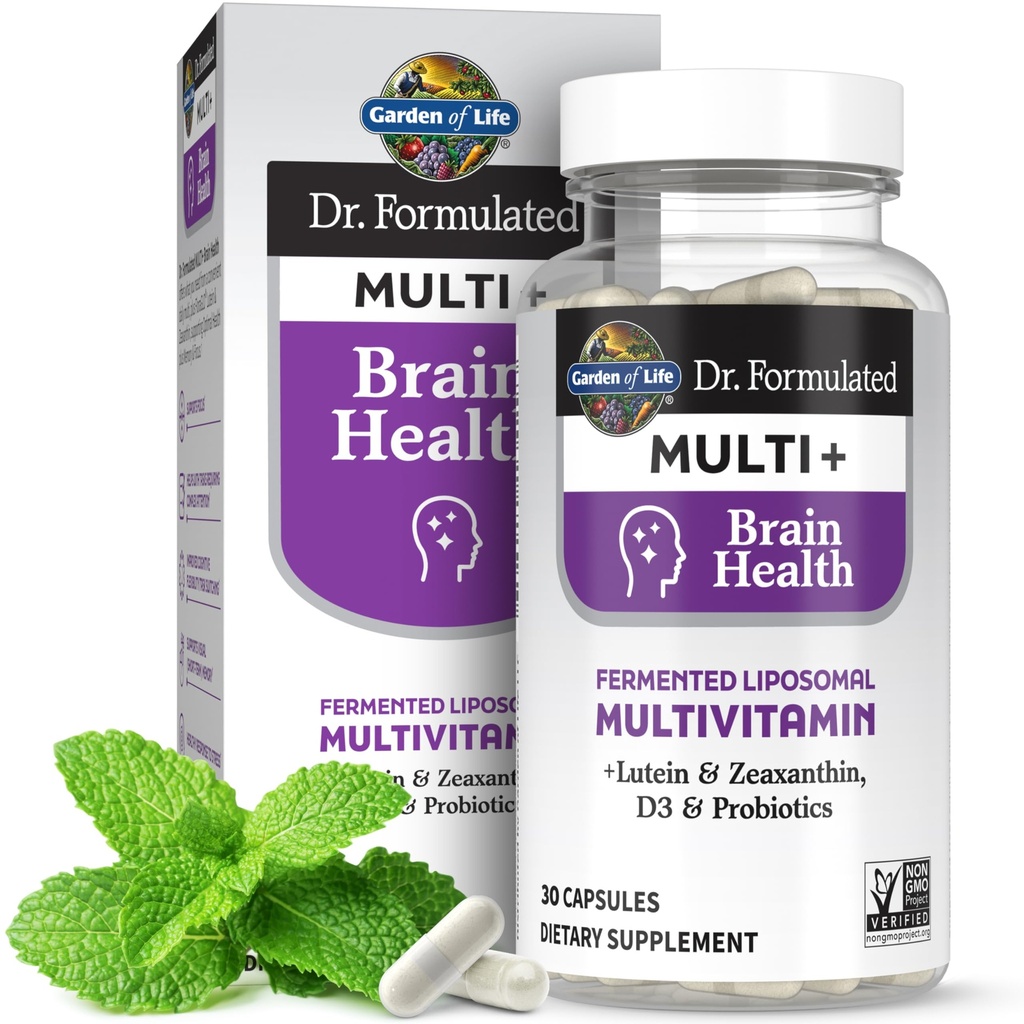 Garden of Life Dr Formulated Multi+ Brain Health, Fermented Liposomal Multivitamin + Lutein & Zeaxanthin, Vitamin D3 & Probiotics - Memory & Focus Support, Digestive & Immune Health, 30 Capsules