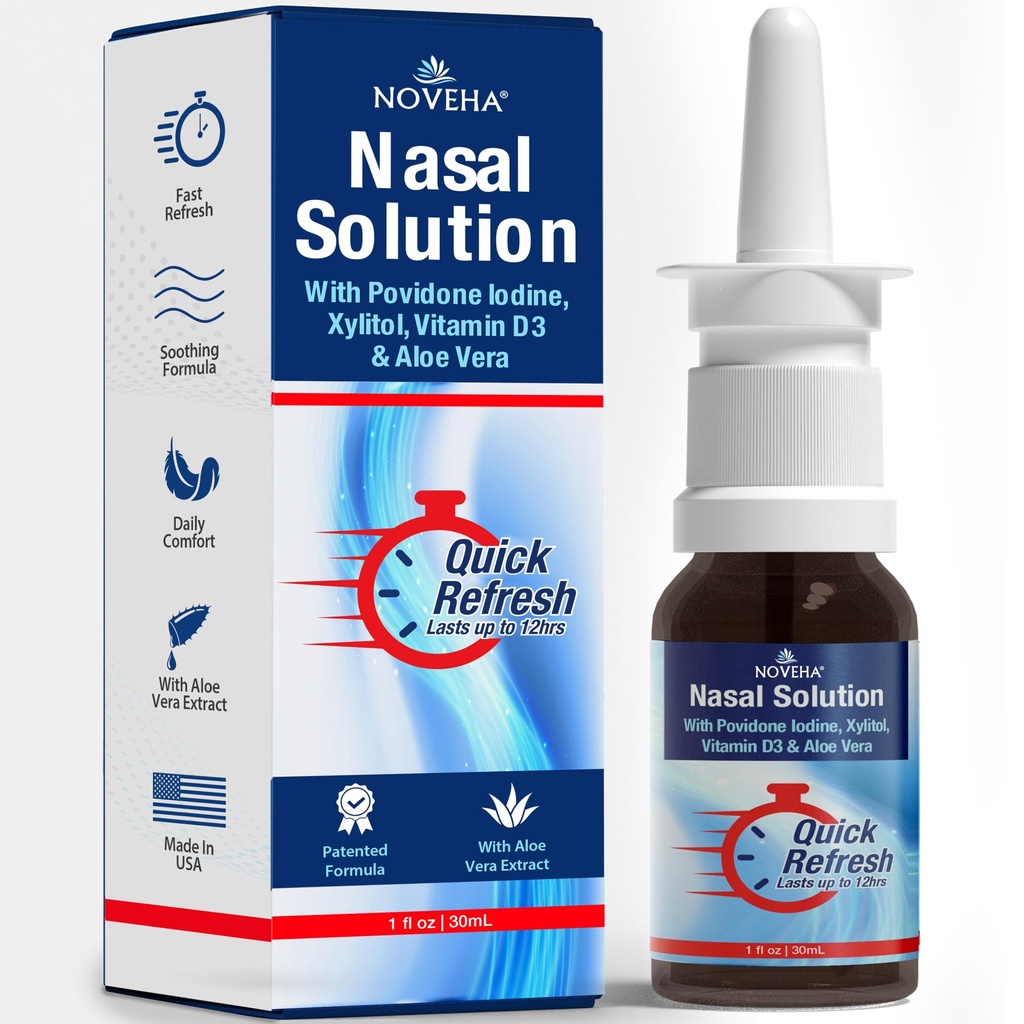 NOVEHA Nasal Spray- 1% Povidone-Iodin Spray, Vitamin D3, Aloe-Vera - Nasal Cleanser (30mL)