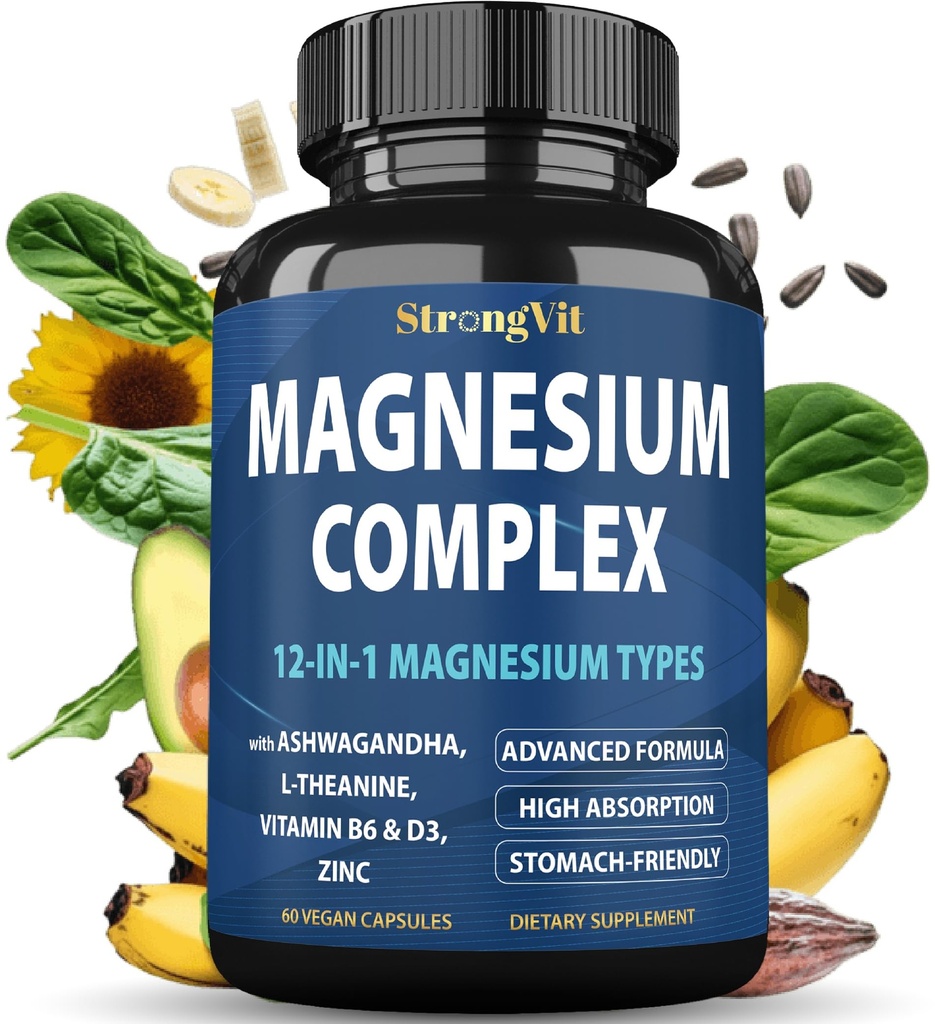 1000mg Magnesium Complex for Women and Men, 12 in 1 Magnesium Supplement with Ashwagandha, Zinc, D3, L-theanine. Easy to Swallow, High Absorption, Sleep Support & Stress Relief (60 Capsules)