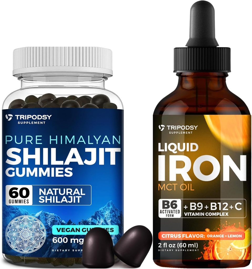 Ultimate Health Bundle: Liquid Iron Supplement & Pure Himalayan Organic Shilajit Gummis für Damen und Herren - Non-GMO, Vegan, Natürliche Energie und Immununterstützung - 60 Gummi & 30 Servietten