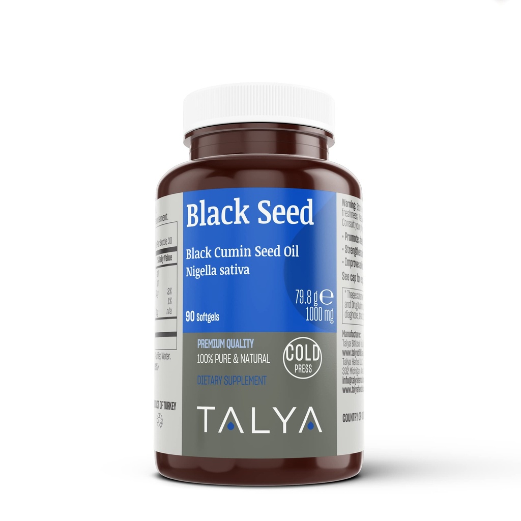 TALYA Black Seed Oil Softgel with High Thymoquinone - Immune Support - Digestive Health - Brain Function - Joint Mobility - Cold-Pressed - Non-GMO - Turkish Black Cumin Seed 90 Capsule